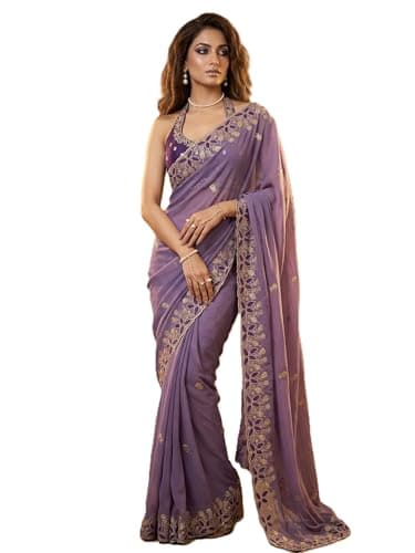 VIDHI Embroidered Georgette Saree for Women with Designer Blouse Piece | Soft Lightweight Fabric with Floral Thread Work Border | Traditional Saree for Festive, Wedding & Daily Wear (LAVENDAR)