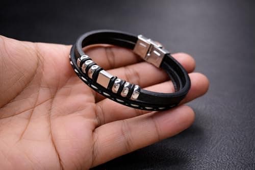 Men’s Stylish Black Leather Bracelet with Magnetic Clasp – Multi-Layer Design Casual Fashion Accessory for Men & Boys 2