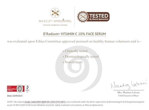 D’Radiant+ Advance Vitamin C 10% Face Serum with Alpha Arbutin and Niacinamide | 7 Active Ingrediants | Skin Brightening, Anti-Aging & Dark Spot Removal | Dermatologically & Clinically Tested(30ml) 4