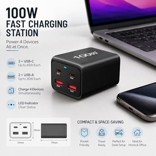 CUBONIC 100W GaN Charging Station, 4-Port Desktop Charger with 2 USB-C & 2 USB-A Ports, Multi Device Charging Hub for Laptops, Smartphones, Tablets, Wearables & USB Powered Electronics 2