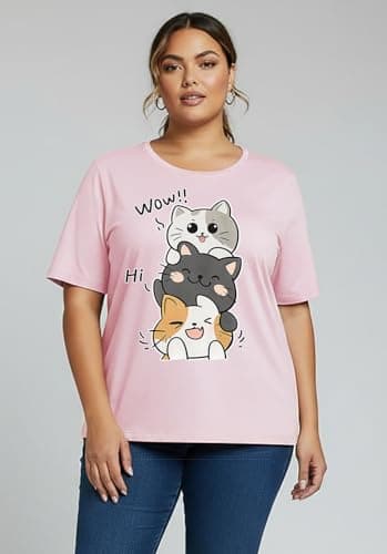 Khakey Womens Pink Round Neck Half Sleeve Graphic Printed Plus Size Tshirt(Pink_760) 2
