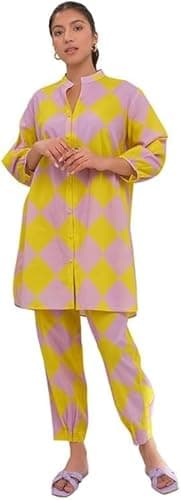 Amazon Brand - Anarva Women’s Cotton Co-ord Set | Lilac & Yellow Diamond Printed Kurta with Pants | Designer Ethnic & Casual Wear (Lilac-Diamond-top-s)