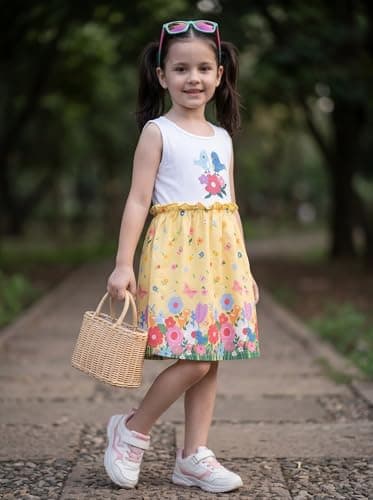 HELLCAT Girls Casual Sleeveless Round Neck Printed Dress, Fit & Flare Princess Style Cotton Frock, Outfit for Kids, Baby Girl Party Gown, Value Pack, Age 1-9 Years White 4
