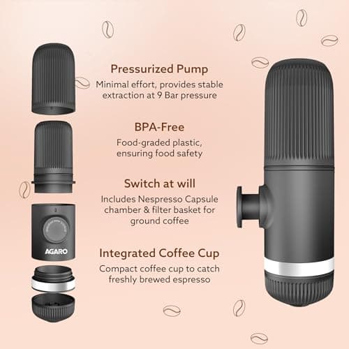AGARO Elite Hand Press Portable Espresso Maker, 10-Bar Hand Pressure, Compatible with Capsules & Ground Coffee, With Cup Holder, Travel-Friendly, Leak-Proof & Compact & Manually Operated 4