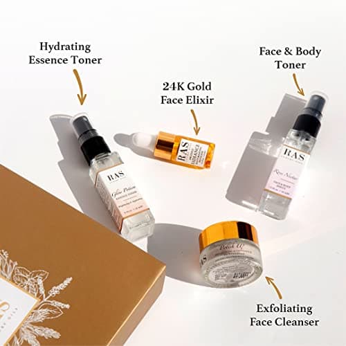 RAS Luxury Oils Glow Boosting Beauties Gift Set | Cleanses, Exfoliates For Pigmentation & Dullness | Face Wash, 24K Gold Face Elixir, Rose Nectar Face Mist & Glow Potion Essence Toner (Minis) | Mother 4