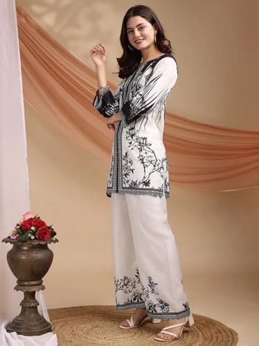 Women's Co-ord Rayon Floral Printed Kurta Pant Set | High-Low Hem & Full Sleeves | Ethnic Co-ord for Festive & Casual Wear | Co-ord Set For Women Stylish (IN, Alpha, L, Regular, Women, White) 3