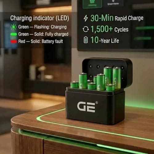 GE® AA Rechargeable Batteries, 1.5V Lithium, 2500mWh (10-Pack) + Wireless Fast Charger Kit — 30-Min Rapid Charge, 1500+ Cycles, 10-Years Life, 3-Year Warranty | OEM 2026 3