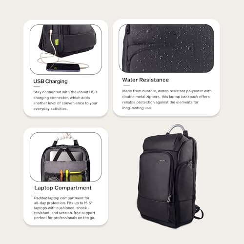 Timus Seattle Black Professional Laptop Backpack for Men & Women 24 L with 15.6 Inch Laptop Compartment | Water resistant with USB Port Anti-Theft Bag | Premium Polyester Fabric 4