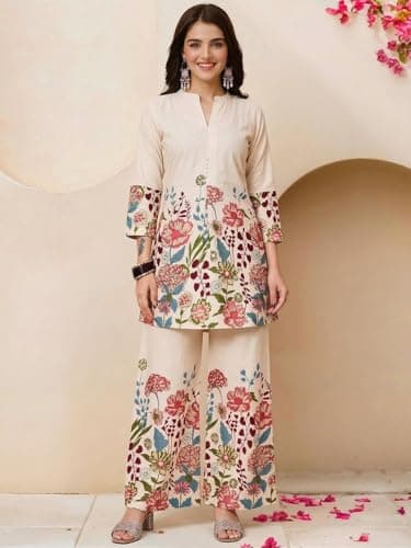 Women's Ethnic Co-Ord Set | Kurta Pant Set | Kurta Palazzo Set | Stylish Cotton Suit Set for Women, Festival Co-ord Set (in, Alpha, 3XL, Regular, Woman, Floral Off-White) 2