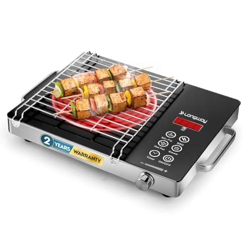 Longway Infralite Pro 2200W Infrared Induction Cooktop with Steel Grill Rack, Crystal Glass Top, Touch Panel & Digital Display, 4 Preset Modes – Stir Fry, BBQ, Hot Pot & Steam, Black