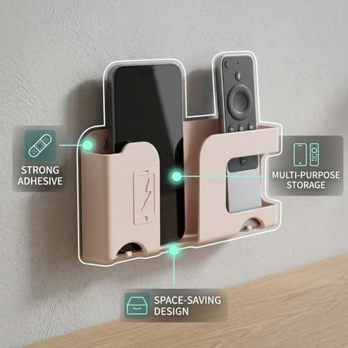 Wall Mounted Mobile Charging Holder Stand | Plastic Phone Charging Dock Organizer with Cable Management | Multi Purpose Remote & Smartphone | Space Saving Wall Shelf (1, Apricot, Standard) 3