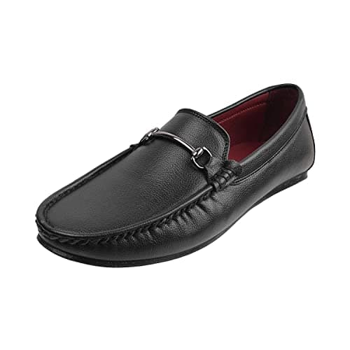 Mochi Men's Black Faux Leather Stylish Fashionable Loafer Shoes | Flat Slip-On Casual Footwear | Lightweight | Ornamented Design | Casual, Fashion, Office/Business, Stylish, Comfortable Wear | UK 9