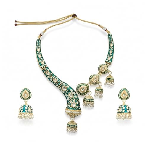 I Jewels Gold Plated Traditional Kundan-Style Meenakari Necklace with Jhumka Earrings Jewellery Set for Women (K7310PG)
