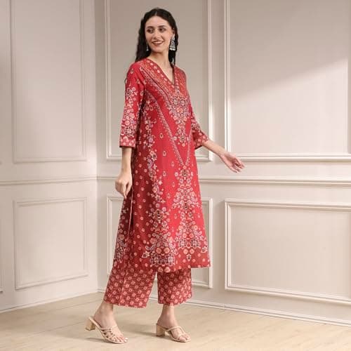 Biba Women Red Cotton Straight Printed Kurta Set_36 5