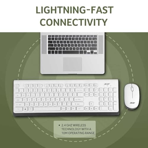 Acer Wireless Keyboard & Mouse Combo with Attractive Durable Design, 2.4GHz Nano Receiver, 10m Range, Indian Rupee Key Code, 1600 DPI, 10M Keystrokes Life for Microsoft Windows and Mac OS (White/Grey) 2