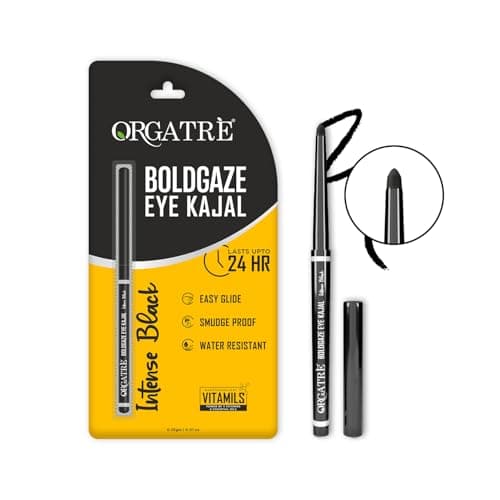 Orgatre Boldgaze Eye Kajal | Waterproof, Smudgeproof - 24 Hours Long Stay - Darkest Black- One Swipe Application - Vitamin E, Provitamin B5 and Castor Oil - 1.5 Gm, Matte Finish