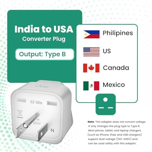 rts (5 Pack) Universal Travel Adapter Converter Plug India to US USA American (Type B) to Canada, Mexico, Japan Thailand, Brazil, Cuba for Laptop, Chargers Smartphones Laptops Camera Chargers Tablets 5