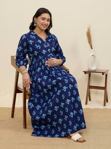 MomToBe Cotton Maternity Feeding Kurti Dress for Women | Pregnancy Dress with Concealed Zippers for Nursing | Comfortable Calf-Length Outfit for Office (Navy Blue, Medium) 2