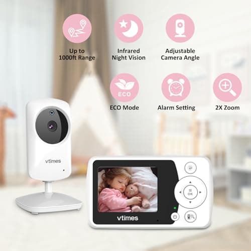 VTimes Baby Monitor with Camera and Audio, No WiFi, 2.4" LCD Screen, Two-Way Talk, Portable, Night Vision, 1000ft Range, Temperature Sensor, Alarm and Lullaby, for Baby Shower 3