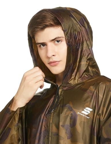 Amazon Brand - Symactive Lightweight Water-Resistant Reusable & Packable Hooded Poncho Rainwear/Raincoat | 100% Polyester With Seam Sealed Hood & Pvc Coating | Unisex (Free Size, Camo), Knee Length 4