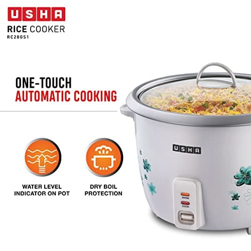 USHA RC28GS1 Steamer 1000 Watt Automatic Rice Cooker 2.8 Litres with Powerful Heating Element, Keep Rice Warm for 5 Hrs, Steamer, Trivet Plate & more accessories, 5 Yrs Warranty (White) 4