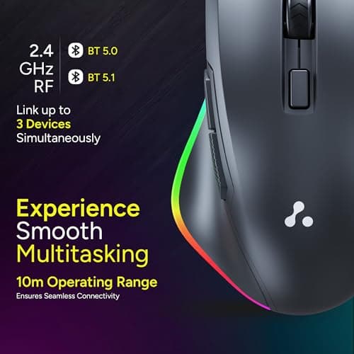 Ambrane Wireless & Bluetooth Rechargeable RGB Lights Mouse, High 2400 DPI for Gaming, 6 Buttons, Ergonomic Design for Smartphone, Connects 3 Devices, Silent Click, 15 Days Battery (Sliq Glow+, Black) 3