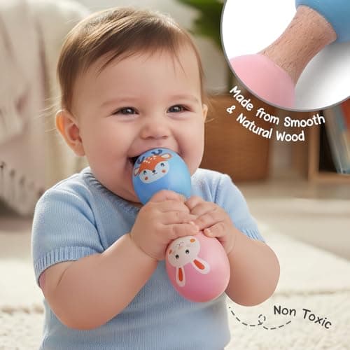 Intellibaby Wooden Dumbbell Handheld Rattle for Babies, Non-Toxic & Smooth Finish Baby Rattle Toy, Sensory & Motor Skill Infant Toy, Animal Print Infant Toy for 0+ Months, Ideal Gift for Baby Boys & G 3
