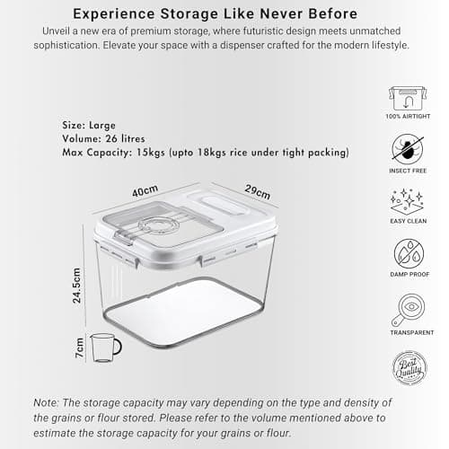 KAYTOS Rice Storage Container 15KG| Large & Big Size Airtight Kitchen Container Box|Plastic Air Tight Multigrain Pulses Dal Grain Atta Flour Dispenser|Grocery Pantry Food Organizers Boxes,Transparent 5