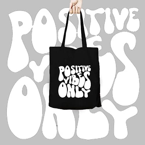 Clapcart Black Canvas Tote Bag for Women | Printed Multipurpose Cotton Zipper Bags | Cute Hand Bag for Girls (Positive Vibes Only Print) 3