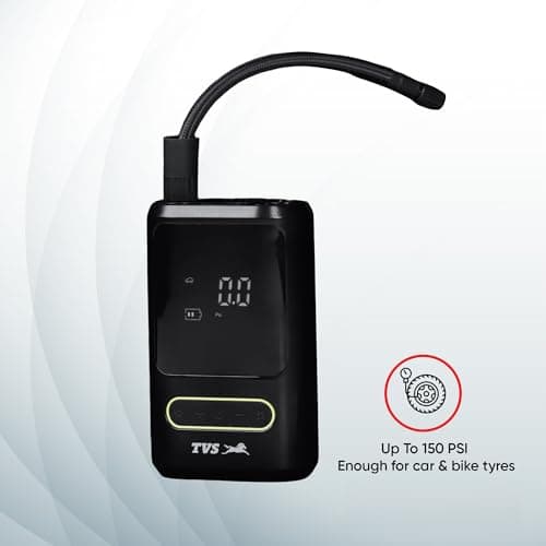 TVS Portable Tyre Air Inflator 150 PSI – Digital Meter, LED Light, Multi-Nozzle, Multi-Mode, Rechargeable 2000 * 2 mAh Battery Air Pump for Car and Bike 5