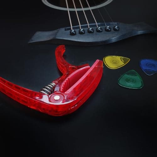 Kadence CAP-SCP Jamming Series Guitar Capo | Comes With Phosphor Bronze Strings & 10 Picks | Fits Acoustic, Electric & Ukulele | Red 5