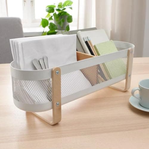Ikea RISATORP Desk Organiser, White Metal Mesh with Wooden Handles, 50x16x17 cm 2
