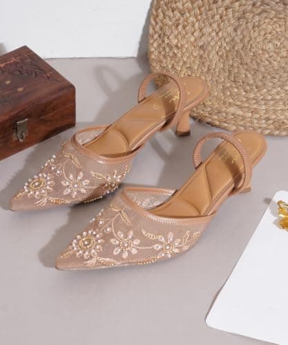 JM LOOKS Luxury Embroidered Pointed Toe Kitten Heels Beaded Mesh Casual Wear Fashion Sandals for Women 3