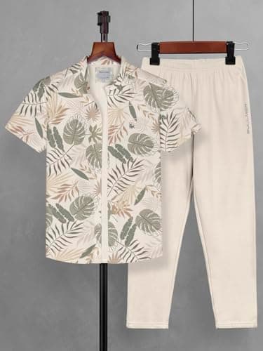 BULLMER Cotton Blend Trendy Clothing Set With Shirt & Pants Co-Ords For Men Beige/Beige Large, Printed 2