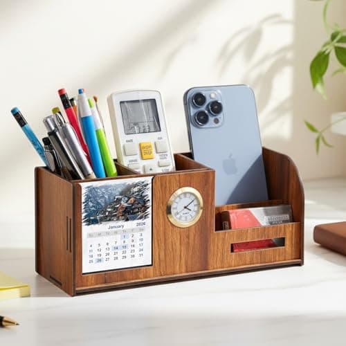Deskart Stylish Pen Holder Stand with Clock, Two Years Calendar, Business Visiting Card & Mobile Holder | Multipurpose Desk Organizer for Office Desk and Gifting