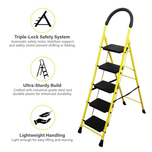 BonKaso Mild Steel Multipurpose Climb Swift 5-Step Foldable Ladder with Safety Clutch Lock, Load Capacity Upto 120kg – Anti-Slip Designed for Indoor & Outdoor Use - (Yellow & Black) 3
