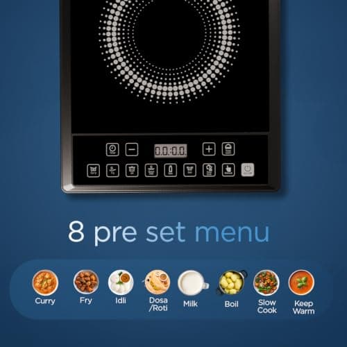 Preethi Indicook IC124 | 2100-Watt Induction Cooktop | Fast Gas-Free Cooking | No LPG Required | 3 Year Coil Warranty | Voltage surge protetion |Preset Indian Menus | Crystal Glass Plate | Black 4