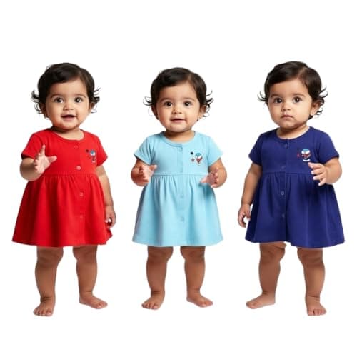 KIDEEZGUILD Pure Cotton Baby Girls Frock Dress Front Open Soft Breathable Half Sleeve Knee Length Daily Casual Wear Solid Color Summer Girl's Dress (IN, Age, 9 Months, 12 Months, Regular, Set of 3 A)