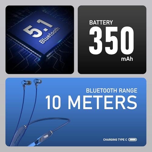 RD M-150 Fusion Wireless in Ear Neckband, Bluetooth 5.1, 100Hrs Music time, Clear Calls, Dual Pairing, Fast Charging, Magnetic Buds, Voice Assist & IPX4 Wireless- Blue 5