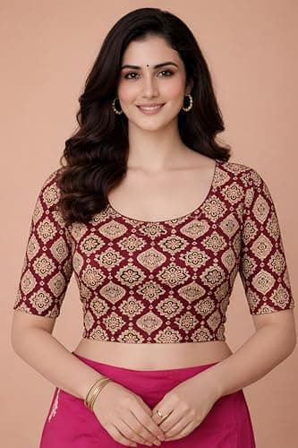 Amazon Brand - Anarva Women's Kalamkari Print Cotton Stretchable Round Neck Readymade Saree Blouse (Kalamkari-Blouse-soimoi-Maroon-XL) 3