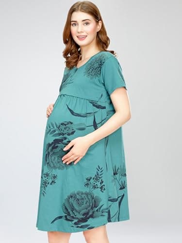 ZEYO Women's Cotton Sea Green Night Dress Floral Printed Maternity & Feeding Short Nighty Night Gown 5808 4