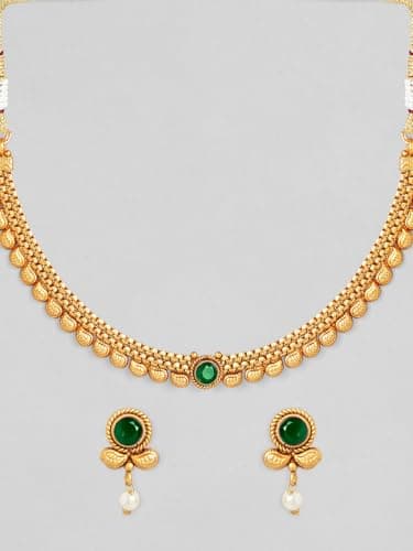 Rubans Womens 22K Gold-Plated Dark Emerald Green Stone & Pearl Beaded Traditional Necklace Set 5