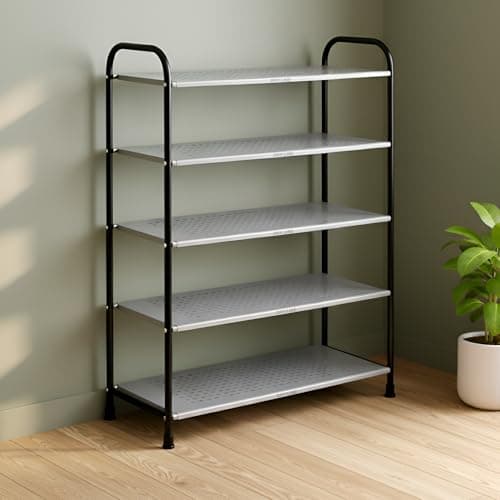 DRY LINE 5 Tier Metal Shoe Rack Heavy Duty Powder Coated | Compact Perforated Chappal Stand Organizer for Home Office | Made in India (Black)
