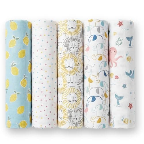haus & kinder 100% Cotton Muslin Swaddle Wrap for New Born Baby | Pack of 5 (100×100 cm) | Baby Blanket & Swaddles for Newborn | Dream Safari Collection