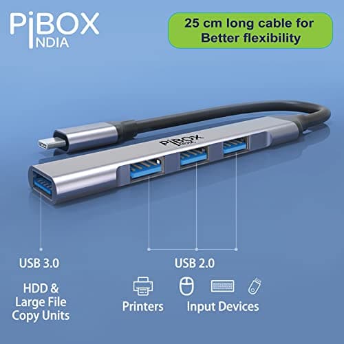 Pibox India USB-C Hub - USB 3.0 Multi-port 4 Port Adapter - USB-C to USB-A Hub - For MacBook Pro, iMac 2021 - Aluminum Alloy, Gray 4