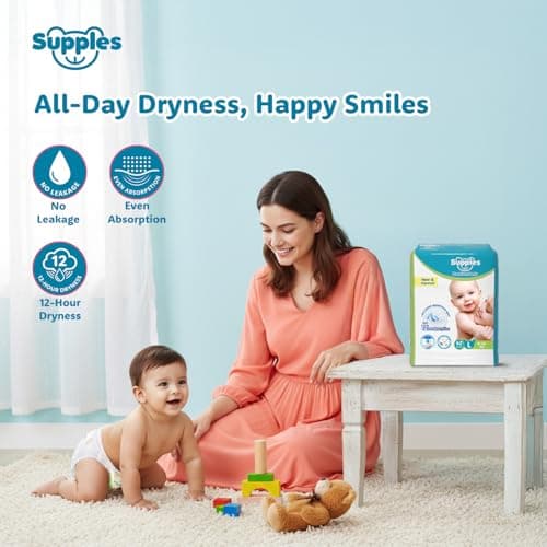 Amazon Brand - Supples Premium Baby Diaper Pants | 62 Baby Diapers | Large | 9-14 Kg | 12 Hrs Absorption | Cushiony Cotton Soft Fabric | Phthalates-Free | Triple Leak Guard 2