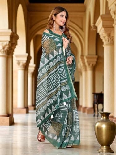 Qynvexa Ethnic Women's Printed Chanderi Silk Saree with Unstitched Blouse Piece | Lightweight Silk Blend Floral Print Sari for Festive, Wedding and Office Wear (5.5 Meters Saree + 0.8 Meter Blouse) 2