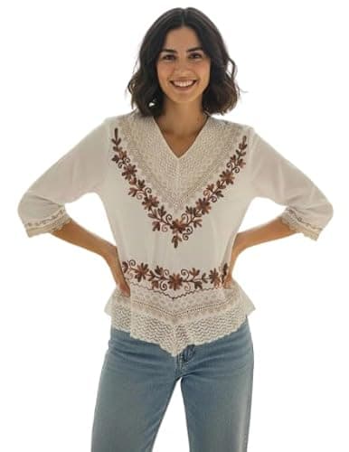 LIBAAS INDIA Women Embroidered Rayon Top | Casual Boho Floral Embroidery V-Neck 3/4 Sleeve Summer Top for Women | Stylish Western Ethnic Fusion Tunic Top for Girls & Women (in, Alpha, 2XL, Off White)