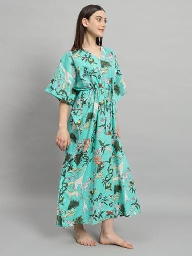 Ravaiyaa - Attitude is everything Women's 100% Cotton Printed Kimono Sleeves V-Neck with Adjustable Drawstring Long Kaftan (Turquoise) 3