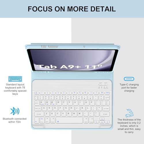 Keyboard Case for Samsung Galaxy Tab A9 Plus/A9+ 5G 11”(SM-X210/X216/X218), Detachable Wireless Bluetooth Keyboard, Smart Folio Cover with S Pen Holder, Soft Protective Case, Auto Sleep/Wake, Sky Blue 4